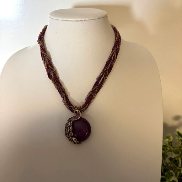 Purple Gold Tone Rhinestone Peacock Pendant Necklace Bohemian Statement Jewelry - Picture 2 of 7
